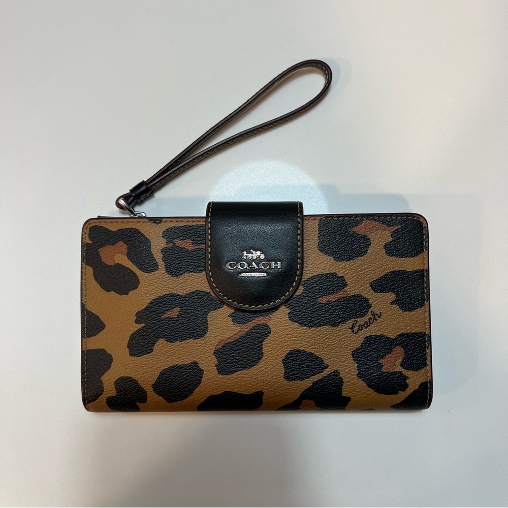 Coach Leopard Print Wristlet Wallet in Brown and Black